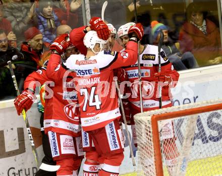 EBEL. Eishockey Bundesliga. KAC gegen 	Moser Medical Graz99ers. Torjubel (KAC). Klagenfurt, am 11.11.2016.
Foto: Kuess

---
pressefotos, pressefotografie, kuess, qs, qspictures, sport, bild, bilder, bilddatenbank