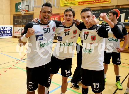 HLA. Handball Bundesliga. SC Ferlach gegen Union JURI Leoben. Jubel Adonis Gonzales Martinez, Mathias Rath, Izudin Mujanovic (Ferlach),  (Leoben). Ferlach, am 11.11.2016.
Foto: Kuess

---
pressefotos, pressefotografie, kuess, qs, qspictures, sport, bild, bilder, bilddatenbank