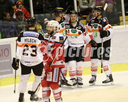 EBEL. Eishockey Bundesliga. KAC gegen 	Moser Medical Graz99ers. Torjubel (Graz). Klagenfurt, am 11.11.2016.
Foto: Kuess

---
pressefotos, pressefotografie, kuess, qs, qspictures, sport, bild, bilder, bilddatenbank