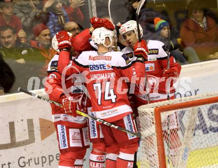 EBEL. Eishockey Bundesliga. KAC gegen 	Moser Medical Graz99ers. Torjubel (KAC). Klagenfurt, am 11.11.2016.
Foto: Kuess

---
pressefotos, pressefotografie, kuess, qs, qspictures, sport, bild, bilder, bilddatenbank