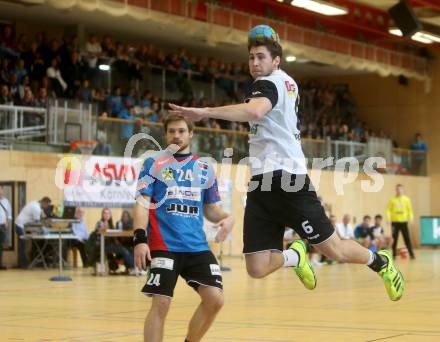 HLA. Handball Bundesliga. SC Ferlach gegen Union JURI Leoben. Leander Krobath (Ferlach), Andreas Schwarz (Leoben). Ferlach, am 11.11.2016.
Foto: Kuess

---
pressefotos, pressefotografie, kuess, qs, qspictures, sport, bild, bilder, bilddatenbank