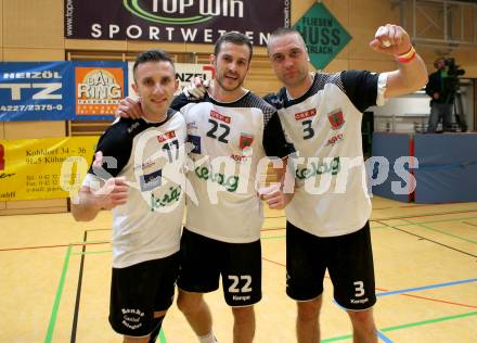 HLA. Handball Bundesliga. SC Ferlach gegen Union JURI Leoben. Jubel Izudin Mujanovic, Dean Pomorisac, Risto Arnaudovski  (Ferlach). Ferlach, am 11.11.2016.
Foto: Kuess

---
pressefotos, pressefotografie, kuess, qs, qspictures, sport, bild, bilder, bilddatenbank