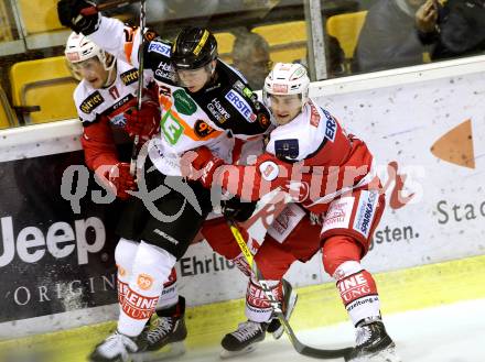 EBEL. Eishockey Bundesliga. KAC gegen 	Moser Medical Graz99ers. Matthew Neal, Manuel Ganahl, (KAC), Clemens Unterweger  (Graz). Klagenfurt, am 11.11.2016.
Foto: Kuess

---
pressefotos, pressefotografie, kuess, qs, qspictures, sport, bild, bilder, bilddatenbank