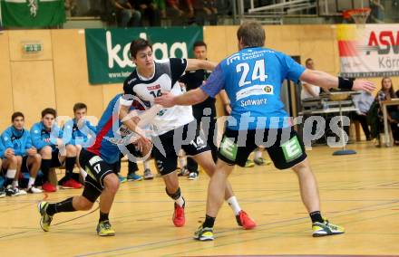 HLA. Handball Bundesliga. SC Ferlach gegen Union JURI Leoben. Mathias Rath,  (Ferlach), Thomas Kuhn, Andreas schwarz (Leoben). Ferlach, am 11.11.2016.
Foto: Kuess

---
pressefotos, pressefotografie, kuess, qs, qspictures, sport, bild, bilder, bilddatenbank