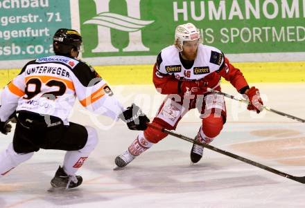 EBEL. Eishockey Bundesliga. KAC gegen 	Moser Medical Graz99ers. Johannes Bischofberger, (KAC), Clemens Unterweger  (Graz). Klagenfurt, am 11.11.2016.
Foto: Kuess

---
pressefotos, pressefotografie, kuess, qs, qspictures, sport, bild, bilder, bilddatenbank