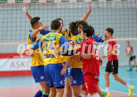 Volleyball Bundesliga. VBK Kelag Woerthersee Loewen Klagenfurt gegen SK Posojilnica Aich/Dob. Jubel  (Aich/Dob). Klagenfurt, 19.11.2016.
Foto: Kuess 
---
pressefotos, pressefotografie, kuess, qs, qspictures, sport, bild, bilder, bilddatenbank