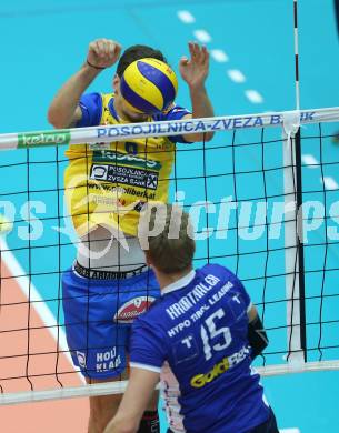 Volleyball Bundesliga. SK Posojilnica Aich/Dob gegen Hypo Tirol.  Anton Lukas Menner (Aich/Dob), Niklas Kronthaler (Hypo Tirol). Bleiburg, 1.12.2016.
Foto: Kuess 
---
pressefotos, pressefotografie, kuess, qs, qspictures, sport, bild, bilder, bilddatenbank