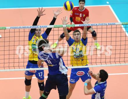 Volleyball Bundesliga. SK Posojilnica Aich/Dob gegen Hypo Tirol. Mario Koncilja, Anestis Dalakouras (Aich/Dob), Pedro Frances  (Hypo Tirol). Bleiburg, 1.12.2016.
Foto: Kuess 
---
pressefotos, pressefotografie, kuess, qs, qspictures, sport, bild, bilder, bilddatenbank