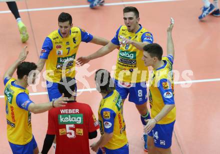 Volleyball Bundesliga. SK Posojilnica Aich/Dob gegen Hypo Tirol. Jubel (Aich/Dob). Bleiburg, 1.12.2016.
Foto: Kuess 
---
pressefotos, pressefotografie, kuess, qs, qspictures, sport, bild, bilder, bilddatenbank
