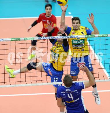 Volleyball Bundesliga. SK Posojilnica Aich/Dob gegen Hypo Tirol. Mario KOncilja, Anton Lukas Menner (Aich/Dob), Jan Krol  (Hypo Tirol). Bleiburg, 1.12.2016.
Foto: Kuess 
---
pressefotos, pressefotografie, kuess, qs, qspictures, sport, bild, bilder, bilddatenbank
