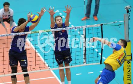 Volleyball Bundesliga. SK Posojilnica Aich/Dob gegen Hypo Tirol.  Peter Mlynarcik (Aich/Dob), Pedro Frances, Martti Juhkami  (Hypo Tirol). Bleiburg, 1.12.2016.
Foto: Kuess 
---
pressefotos, pressefotografie, kuess, qs, qspictures, sport, bild, bilder, bilddatenbank