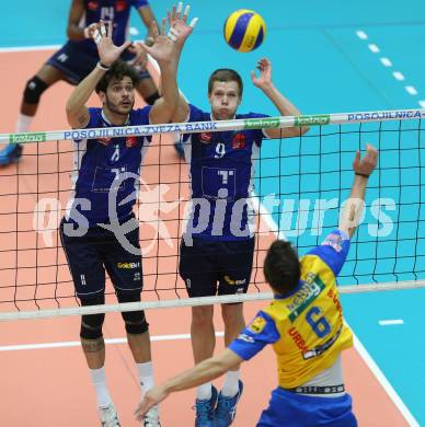 Volleyball Bundesliga. SK Posojilnica Aich/Dob gegen Hypo Tirol.  Anton Lukas Menner (Aich/Dob), Pedro Frances, Martti Juhkami  (Hypo Tirol). Bleiburg, 1.12.2016.
Foto: Kuess 
---
pressefotos, pressefotografie, kuess, qs, qspictures, sport, bild, bilder, bilddatenbank
