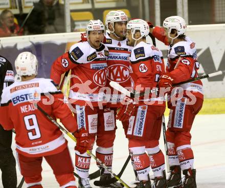 EBEL. Eishockey Bundesliga. KAC gegen 	HC Orli Znojmo. Torjubel Jamie Lundmark, Mark Popovic, Steven Strong, Manuel Ganahl, Matthew Neal (KAC). Klagenfurt, am 2.12.2016.
Foto: Kuess

---
pressefotos, pressefotografie, kuess, qs, qspictures, sport, bild, bilder, bilddatenbank