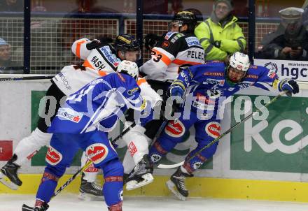 EBEL. Eishockey Bundesliga. VSV gegen	Moser Medical Graz99ers. Benjamin Lanzinger, Miha Verlic (VSV), Brandon Nash, Matthew Pelech (Graz). Villach, am 4.12.2016.
Foto: Kuess

---
pressefotos, pressefotografie, kuess, qs, qspictures, sport, bild, bilder, bilddatenbank