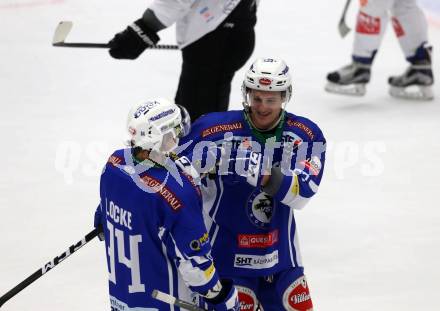 EBEL. Eishockey Bundesliga. VSV gegen	Moser Medical Graz99ers. Torjubel Corey Locke, Kevin Wehrs (VSV). Villach, am 4.12.2016.
Foto: Kuess

---
pressefotos, pressefotografie, kuess, qs, qspictures, sport, bild, bilder, bilddatenbank