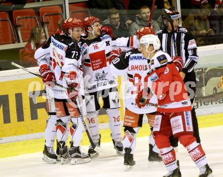EBEL. Eishockey Bundesliga. KAC gegen 	HC TWK Innsbruck, Die Haie. Torjubel (Innsbruck). Klagenfurt, am 9.12.2016.
Foto: Kuess

---
pressefotos, pressefotografie, kuess, qs, qspictures, sport, bild, bilder, bilddatenbank