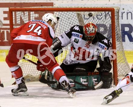 EBEL. Eishockey Bundesliga. KAC gegen 	HC TWK Innsbruck, Die Haie. Jamie Lundmark  (KAC), Andy Chiodo (Innsbruck). Klagenfurt, am 9.12.2016.
Foto: Kuess

---
pressefotos, pressefotografie, kuess, qs, qspictures, sport, bild, bilder, bilddatenbank