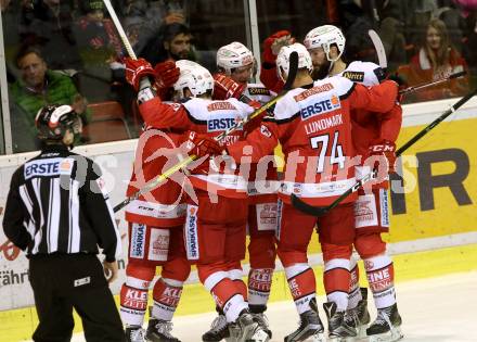 EBEL. Eishockey Bundesliga. KAC gegen 	HC TWK Innsbruck, Die Haie. Torjubel (KAC). Klagenfurt, am 9.12.2016.
Foto: Kuess

---
pressefotos, pressefotografie, kuess, qs, qspictures, sport, bild, bilder, bilddatenbank
