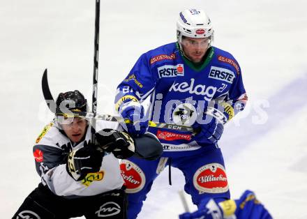 EBEL. Eishockey Bundesliga. VSV gegen	Dornbirner Eishockey Club. Benjamin Petrik, (VSV), Christopher D Alvise  (Dornbirn). Villach, am 9.12.2016.
Foto: Kuess

---
pressefotos, pressefotografie, kuess, qs, qspictures, sport, bild, bilder, bilddatenbank
