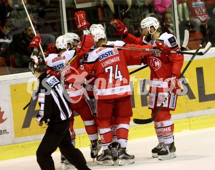 EBEL. Eishockey Bundesliga. KAC gegen 	HC TWK Innsbruck, Die Haie. Torjubel (KAC). Klagenfurt, am 9.12.2016.
Foto: Kuess

---
pressefotos, pressefotografie, kuess, qs, qspictures, sport, bild, bilder, bilddatenbank