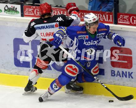 EBEL. Eishockey Bundesliga. VSV gegen	HC TWK Innsbruck, Die Haie. Kevin Wehrs, (VSV), Andrew Clark  (Innsbruck). Villach, am 16.12.2016.
Foto: Kuess

---
pressefotos, pressefotografie, kuess, qs, qspictures, sport, bild, bilder, bilddatenbank