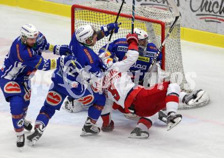 EBEL. Eishockey Bundesliga. VSV gegen	EC Red Bull Salzburg	. Olivier Roy, Kevin Wehrs, Benjamin Petrik,  (VSV), Alexander Rauchenwald, Ryan Duncan (Salzburg). Villach, am 20.12.2016.
Foto: Kuess

---
pressefotos, pressefotografie, kuess, qs, qspictures, sport, bild, bilder, bilddatenbank
