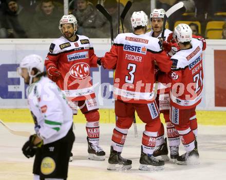 EBEL. Eishockey Bundesliga. KAC gegen 	HDD Olimpija Ljubljana. Torjubel Stefan Geier, Thomas Koch, David Joseph Fischer, Manuel Geier (KAC). Klagenfurt, am 23.12.2016.
Foto: Kuess

---
pressefotos, pressefotografie, kuess, qs, qspictures, sport, bild, bilder, bilddatenbank