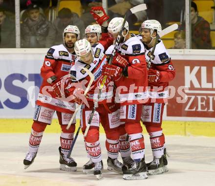 EBEL. Eishockey Bundesliga. KAC gegen 	HDD Olimpija Ljubljana. Torjubel Stefan Geier, Thomas Koch, David Joseph Fischer, Manuel Geier, Kevin Kapstad (KAC). Klagenfurt, am 23.12.2016.
Foto: Kuess

---
pressefotos, pressefotografie, kuess, qs, qspictures, sport, bild, bilder, bilddatenbank