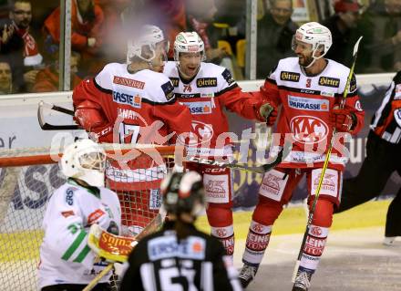 EBEL. Eishockey Bundesliga. KAC gegen 	HDD Olimpija Ljubljana. Torjubel Matthew Neal, Manuel Ganahl, Jammie Lundmark, David Joseph Fischer (KAC). Klagenfurt, am 23.12.2016.
Foto: Kuess

---
pressefotos, pressefotografie, kuess, qs, qspictures, sport, bild, bilder, bilddatenbank