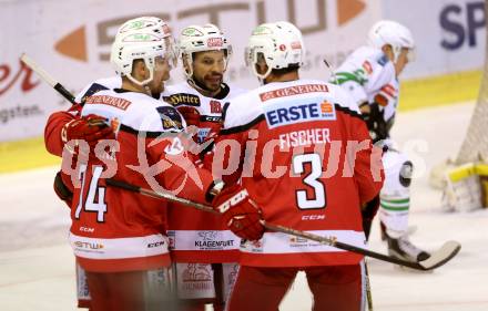 EBEL. Eishockey Bundesliga. KAC gegen 	HDD Olimpija Ljubljana. Torjubel jamie Lundmark, Manuel Ganahl, Thomas Koch, David Joseph Fischer (KAC). Klagenfurt, am 23.12.2016.
Foto: Kuess

---
pressefotos, pressefotografie, kuess, qs, qspictures, sport, bild, bilder, bilddatenbank