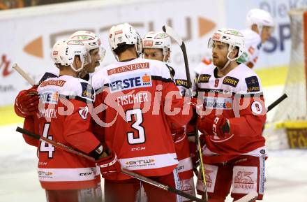 EBEL. Eishockey Bundesliga. KAC gegen 	HDD Olimpija Ljubljana. Torjubel jamie Lundmark, Manuel Ganahl, Thomas Koch, David Joseph Fischer, Matthew Neal (KAC). Klagenfurt, am 23.12.2016.
Foto: Kuess

---
pressefotos, pressefotografie, kuess, qs, qspictures, sport, bild, bilder, bilddatenbank
