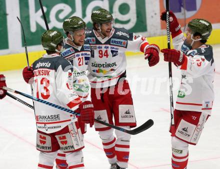 EBEL. Eishockey Bundesliga. VSV gegen	HCB Suedtirol Alperia.  Torjubel Travis Oleksuk, Daniel Glira, Daniel Frank (Bozen). Villach, am 26.12.2016.
Foto: Kuess

---
pressefotos, pressefotografie, kuess, qs, qspictures, sport, bild, bilder, bilddatenbank