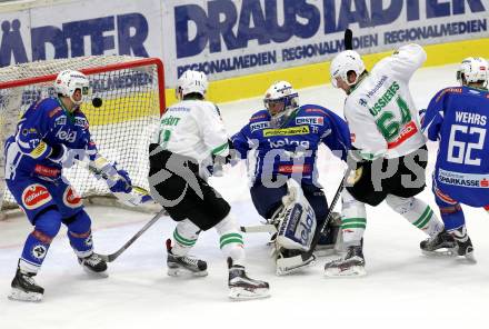 EBEL. Eishockey Bundesliga. VSV gegen	HDD Olimpija Ljubljana. Olivier Roy,  (VSV), Raphael Bussieres (Laibach). Villach, am 30.12.2016.
Foto: Kuess

---
pressefotos, pressefotografie, kuess, qs, qspictures, sport, bild, bilder, bilddatenbank