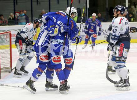 EBEL. Eishockey Bundesliga. VSV gegen	Fehervar AV 19. Torjubel Miha Verlic, Stefan Bacher (VSV). Villach, am 13.1.2017.
Foto: Kuess

---
pressefotos, pressefotografie, kuess, qs, qspictures, sport, bild, bilder, bilddatenbank