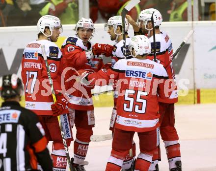 EBEL. Eishockey Bundesliga. KAC gegen 	EHC Liwest Black Wings Linz. Torjubel Patrick Harand, Ziga Pance, Thomas Hundertpfund, David Joseph Fischer (KAC). Klagenfurt, am 22.1.2017.
Foto: Kuess

---
pressefotos, pressefotografie, kuess, qs, qspictures, sport, bild, bilder, bilddatenbank