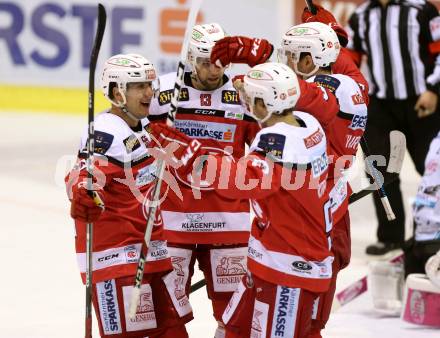 EBEL. Eishockey Bundesliga. KAC gegen 	EHC Liwest Black Wings Linz. Torjubel Philipp Kreuzer, Mitja Robar, Ziga Pance, Mark Hurturbise (KAC). Klagenfurt, am 22.1.2017.
Foto: Kuess

---
pressefotos, pressefotografie, kuess, qs, qspictures, sport, bild, bilder, bilddatenbank