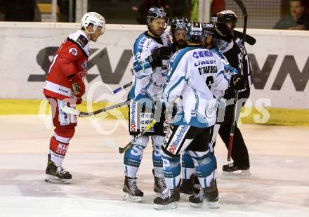 EBEL. Eishockey Bundesliga. KAC gegen 	EHC Liwest Black Wings Linz. Torjubel Sebastien Piche, Rob Hisey, Rick Schofield, Jonathan D Aversa (Linz). Klagenfurt, am 22.1.2017.
Foto: Kuess

---
pressefotos, pressefotografie, kuess, qs, qspictures, sport, bild, bilder, bilddatenbank