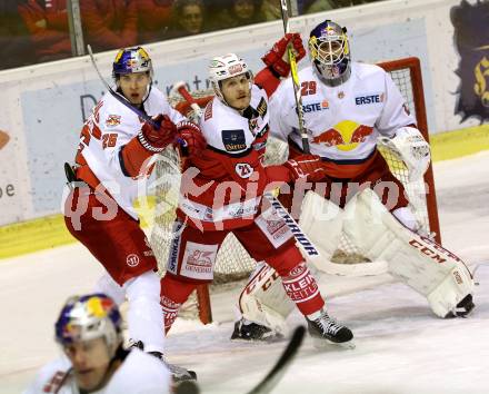 EBEL. Eishockey Bundesliga. KAC gegen 	EC Red Bull Salzburg. Geier Manuel,  (KAC), Peter Hochkofler, Bernhard Starkbaum (Salzburg). Klagenfurt, am 29.1.2017.
Foto: Kuess

---
pressefotos, pressefotografie, kuess, qs, qspictures, sport, bild, bilder, bilddatenbank