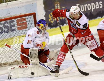 EBEL. Eishockey Bundesliga. KAC gegen 	EC Red Bull Salzburg. Patrick Harand,  (KAC), Bernhard Starkbaum (Salzburg). Klagenfurt, am 29.1.2017.
Foto: Kuess

---
pressefotos, pressefotografie, kuess, qs, qspictures, sport, bild, bilder, bilddatenbank