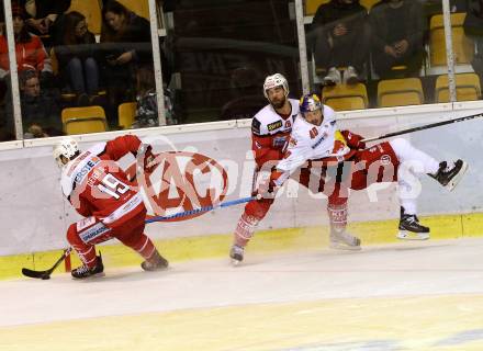 EBEL. Eishockey Bundesliga. KAC gegen 	EC Red Bull Salzburg. Martin Schumnig,  Stefan Geier (KAC), Andreas Kristler,  (Salzburg). Klagenfurt, am 29.1.2017.
Foto: Kuess

---
pressefotos, pressefotografie, kuess, qs, qspictures, sport, bild, bilder, bilddatenbank
