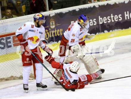 EBEL. Eishockey Bundesliga. KAC gegen 	EC Red Bull Salzburg. Johannes Bischofberger, (KAC), Bernhard Starkbaum , Alexander Cijan (Salzburg). Klagenfurt, am 29.1.2017.
Foto: Kuess

---
pressefotos, pressefotografie, kuess, qs, qspictures, sport, bild, bilder, bilddatenbank