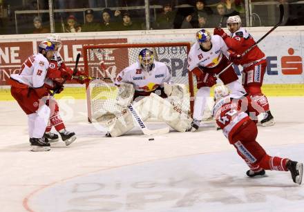 EBEL. Eishockey Bundesliga. KAC gegen 	EC Red Bull Salzburg. Johannes Bischofberger,  Manuel Geier, Matthew Neal   (KAC), Bernhard Starkbaum, Alexander Cijan, Matthias Trattnig (Salzburg). Klagenfurt, am 29.1.2017.
Foto: Kuess

---
pressefotos, pressefotografie, kuess, qs, qspictures, sport, bild, bilder, bilddatenbank