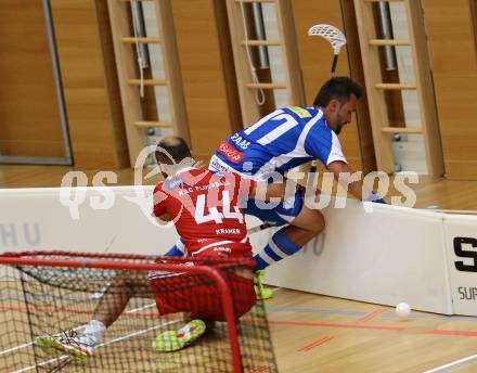Floorball. 1. Bundesliga. VSV gegen KAC. Raab Daniel, (VSV), Kramer Michael  (KAC). Villach, am 17.9.2016.
Foto: Kuess
---
pressefotos, pressefotografie, kuess, qs, qspictures, sport, bild, bilder, bilddatenbank