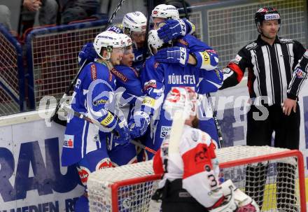 EBEL. Eishockey Bundesliga. VSV gegen	HC Orli Znojmo. Torjubel Corey Locke, Jan Urbas, Miha Verlic, Stefan Bacher, Florian Muehlstein (VSV). Villach, am 15.2.2017.
Foto: Kuess

---
pressefotos, pressefotografie, kuess, qs, qspictures, sport, bild, bilder, bilddatenbank