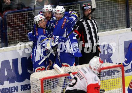 EBEL. Eishockey Bundesliga. VSV gegen	HC Orli Znojmo. Torjubel Corey Locke, Jan Urbas, Miha Verlic,  (VSV). Villach, am 15.2.2017.
Foto: Kuess

---
pressefotos, pressefotografie, kuess, qs, qspictures, sport, bild, bilder, bilddatenbank