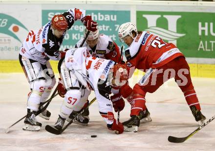 EBEL. Eishockey Bundesliga. KAC gegen 	HC TWK Innsbruck, Die Haie. Marco Brucker, Thomas Hundertpfund, (KAC), Jason Desantis, Andrew Clark (Innsbruck). Klagenfurt, am 17.2.2017.
Foto: Kuess

---
pressefotos, pressefotografie, kuess, qs, qspictures, sport, bild, bilder, bilddatenbank