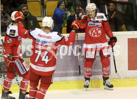 EBEL. Eishockey Bundesliga. KAC gegen 	HC TWK Innsbruck, Die Haie. Torjubel Manuel Ganahl, Jamie Lundmark, Steven Strong (KAC). Klagenfurt, am 17.2.2017.
Foto: Kuess

---
pressefotos, pressefotografie, kuess, qs, qspictures, sport, bild, bilder, bilddatenbank