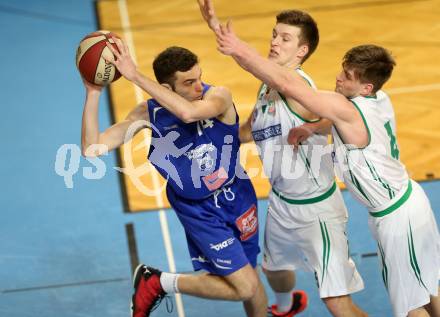 Basketball 2. Bundesliga. GD 17. Runde. KOS Celovec gegen D.C. Timberwolves. Andi Smrtnik, Ziga Erculj,  (KOS Celovec), Jakob Mayerl (Timberwolves). Klagenfurt, am 18.2.2017.
Foto: Kuess
---
pressefotos, pressefotografie, kuess, qs, qspictures, sport, bild, bilder, bilddatenbank