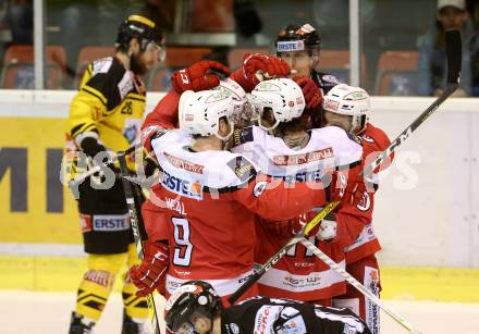 EBEL. Eishockey Bundesliga. KAC gegen 	UPC Vienna Capitals. Torjubel Kevin Kapstad, Mitja Robar, Manuel Ganahl, Matthew Neal (KAC). Klagenfurt, am 19.2.2017.
Foto: Kuess

---
pressefotos, pressefotografie, kuess, qs, qspictures, sport, bild, bilder, bilddatenbank