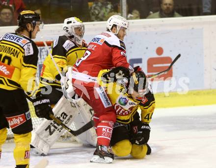EBEL. Eishockey Bundesliga. KAC gegen 	UPC Vienna Capitals. Stefan Geier,  (KAC),  Jamie Fraser,Jean Philippe Lamoureux (Vienna Capitals). Klagenfurt, am 19.2.2017.
Foto: Kuess

---
pressefotos, pressefotografie, kuess, qs, qspictures, sport, bild, bilder, bilddatenbank